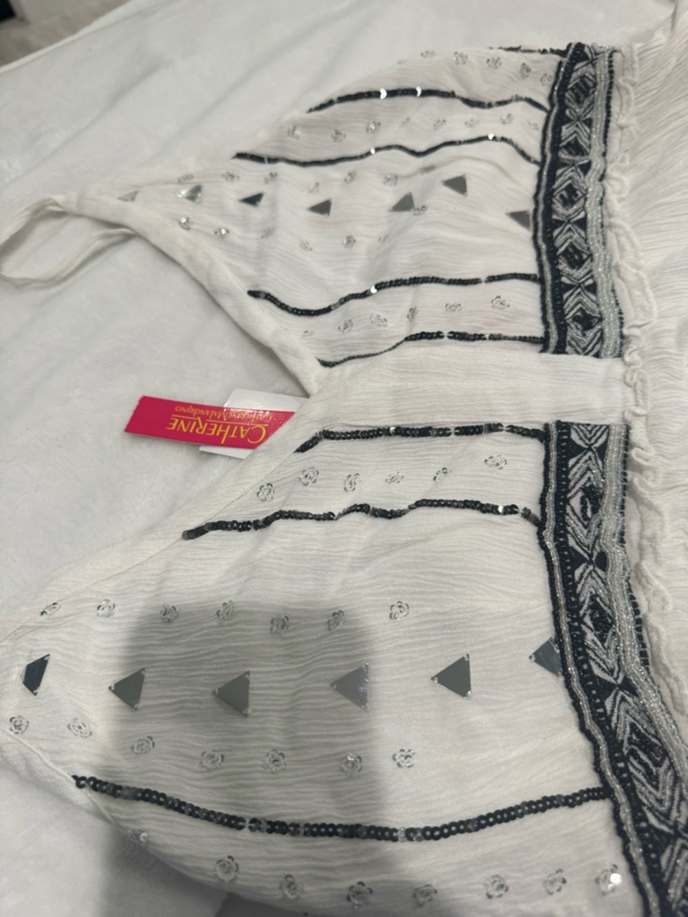 Catherine Malandrino White Maxi Dress with Black Embroidered Trim